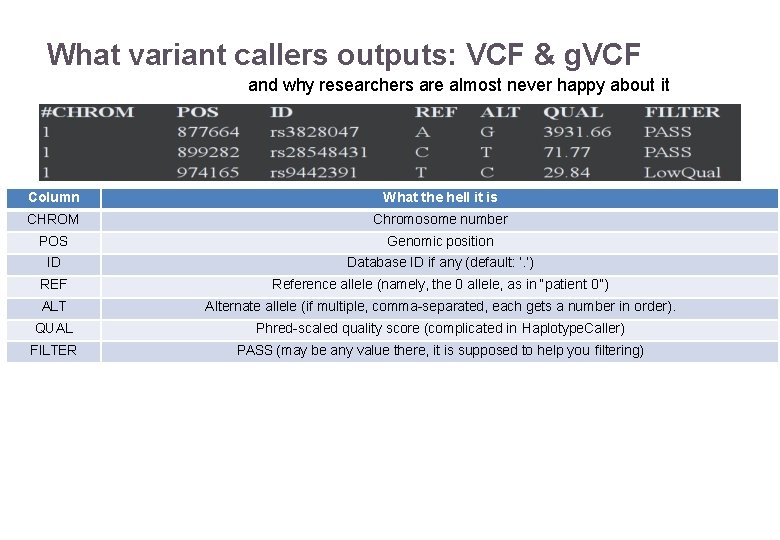 What variant callers outputs: VCF & g. VCF and why researchers are almost never