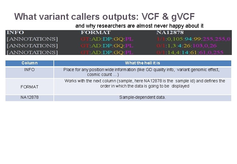 What variant callers outputs: VCF & g. VCF and why researchers are almost never