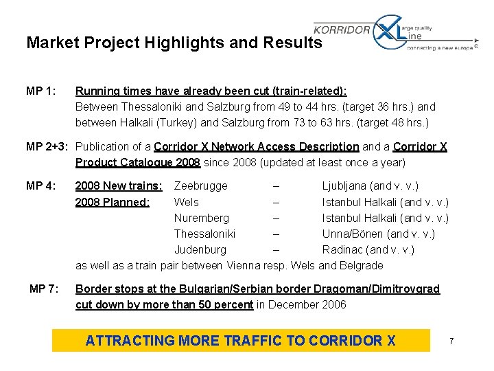 Market Project Highlights and Results MP 1: Running times have already been cut (train-related):