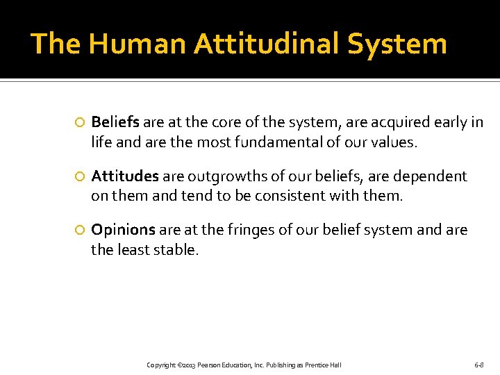 The Human Attitudinal System Beliefs are at the core of the system, are acquired