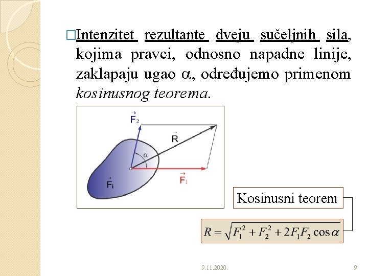 �Intenzitet rezultante dveju sučeljnih sila, kojima pravci, odnosno napadne linije, zaklapaju ugao , određujemo