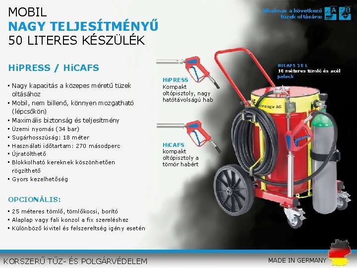 MOBIL NAGY TELJESÍTMÉNYŰ 50 LITERES KÉSZÜLÉK Alkalmas a következő tüzek oltására: Hi. PRESS /