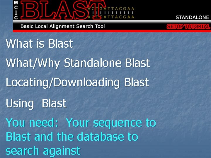 What is Blast What/Why Standalone Blast Locating/Downloading Blast Using Blast You need: Your sequence