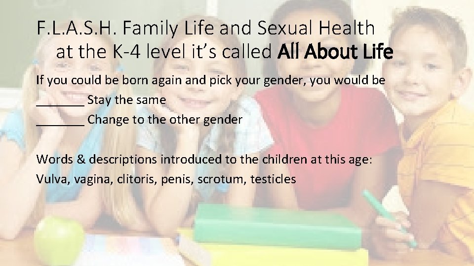 F. L. A. S. H. Family Life and Sexual Health at the K-4 level