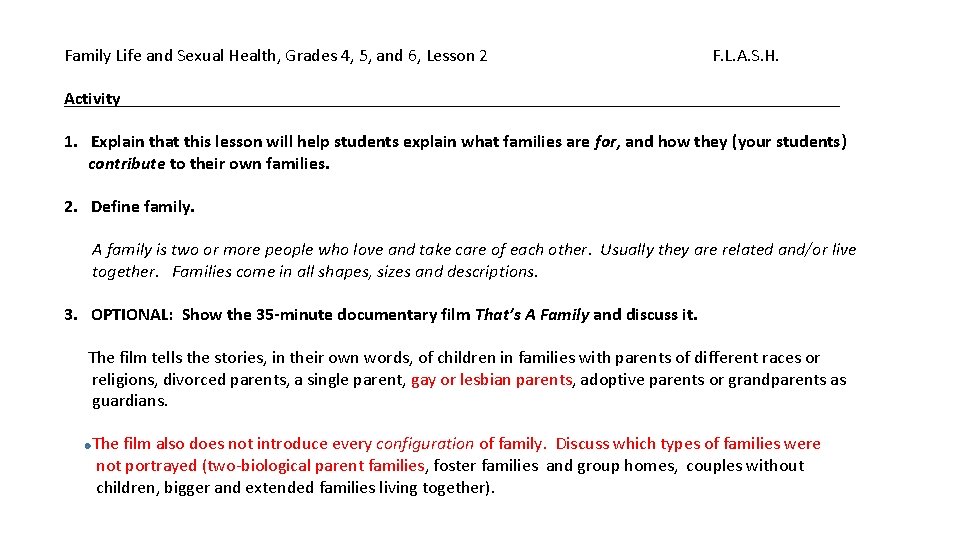 Family Life and Sexual Health, Grades 4, 5, and 6, Lesson 2 F. L.