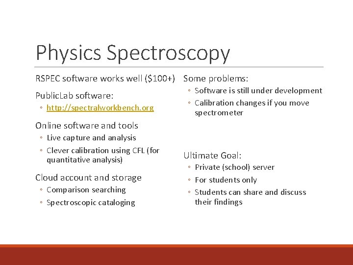 Physics Spectroscopy RSPEC software works well ($100+) Some problems: Public. Lab software: ◦ http: