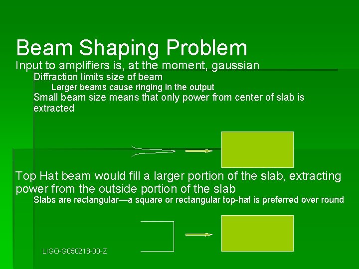 Beam Shaping Problem Input to amplifiers is, at the moment, gaussian Diffraction limits size