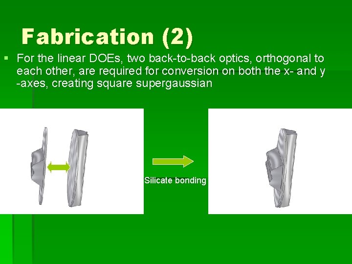 Fabrication (2) § For the linear DOEs, two back-to-back optics, orthogonal to each other,