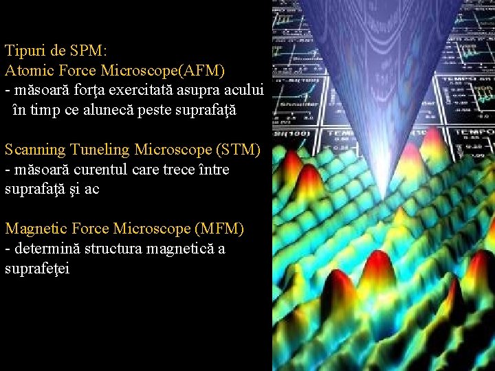 Tipuri de SPM: Atomic Force Microscope(AFM) - măsoară forţa exercitată asupra acului în timp