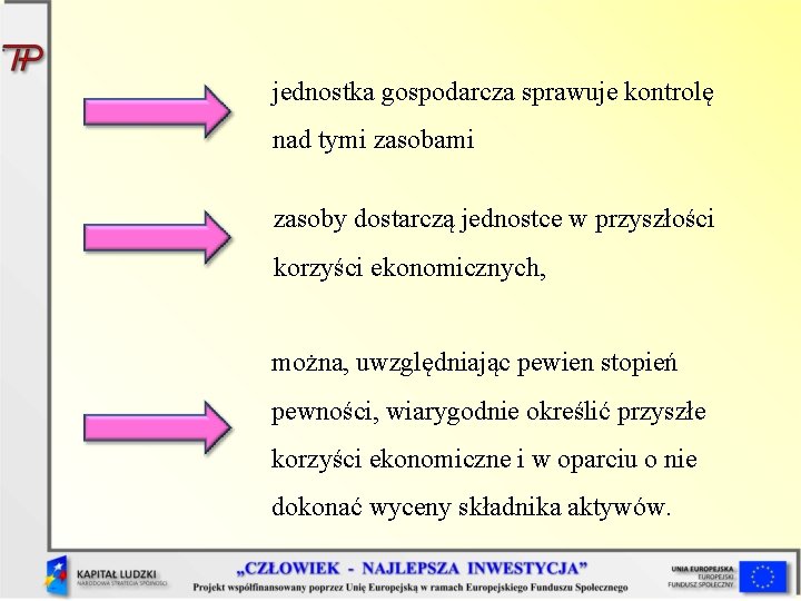 jednostka gospodarcza sprawuje kontrolę nad tymi zasobami zasoby dostarczą jednostce w przyszłości korzyści ekonomicznych,