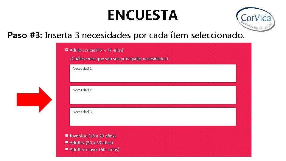 ENCUESTA Paso #3: Inserta 3 necesidades por cada ítem seleccionado. 