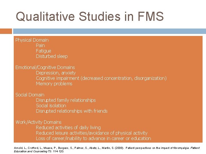 Qualitative Studies in FMS Physical Domain Pain Fatigue Disturbed sleep Emotional/Cognitive Domains Depression, anxiety