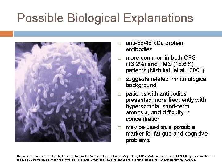 Possible Biological Explanations anti-68/48 k. Da protein antibodies more common in both CFS (13.