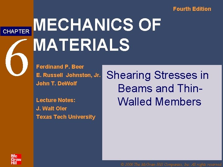 Fourth Edition 6 CHAPTER MECHANICS OF MATERIALS Ferdinand P. Beer E. Russell Johnston, Jr. Fourth Edition 6 CHAPTER MECHANICS OF MATERIALS Ferdinand P. Beer E. Russell Johnston, Jr.