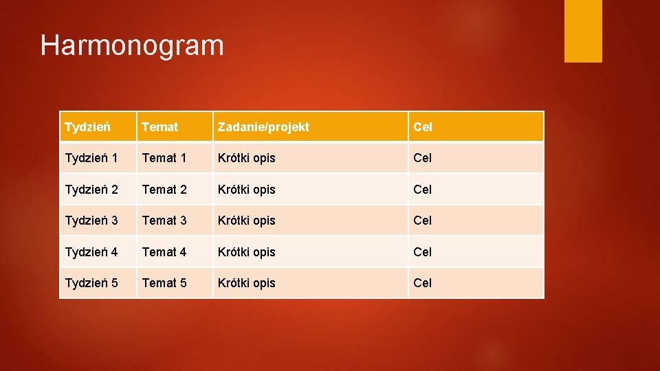 Harmonogram Tydzień Temat Zadanie/projekt Cel Tydzień 1 Temat 1 Krótki opis Cel Tydzień 2