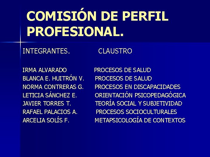 COMISIÓN DE PERFIL PROFESIONAL. INTEGRANTES. IRMA ALVARADO BLANCA E. HUITRÓN V. NORMA CONTRERAS G.