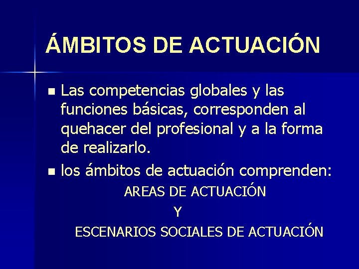 ÁMBITOS DE ACTUACIÓN Las competencias globales y las funciones básicas, corresponden al quehacer del