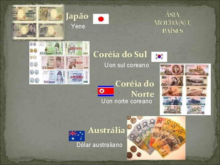Japão ÁSIA MOEDA(S) E PAÍSES Yene Coréia do Sul Uon sul coreano Coréia do Japão ÁSIA MOEDA(S) E PAÍSES Yene Coréia do Sul Uon sul coreano Coréia do