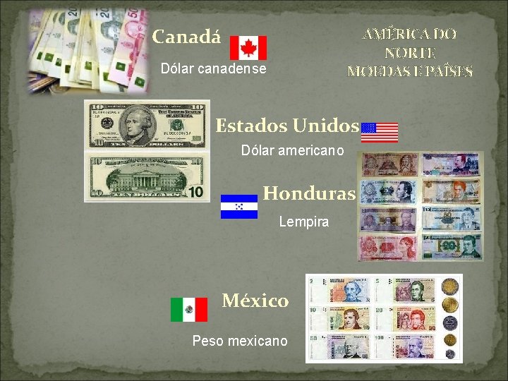 Canadá AMÉRICA DO NORTE MOEDAS E PAÍSES Dólar canadense Estados Unidos Dólar americano Honduras Canadá AMÉRICA DO NORTE MOEDAS E PAÍSES Dólar canadense Estados Unidos Dólar americano Honduras