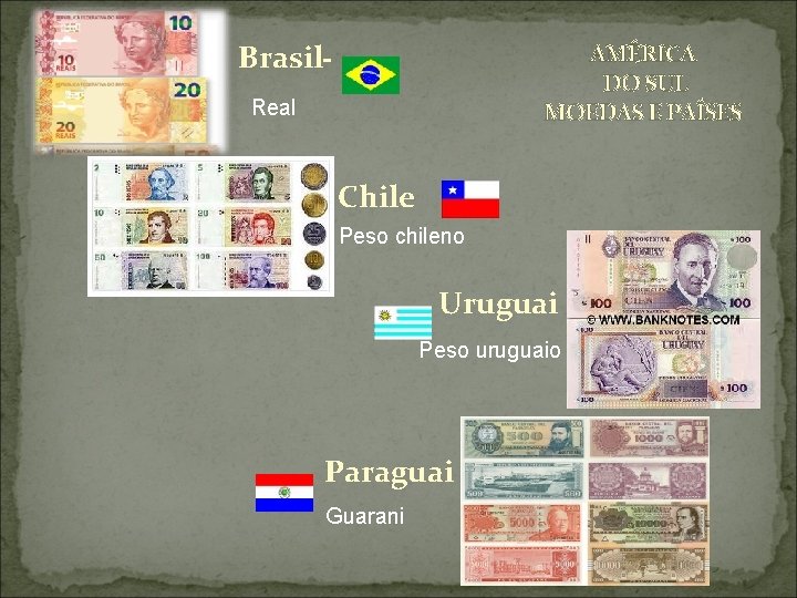 Brasil AMÉRICA DO SUL MOEDAS E PAÍSES Real Chile Peso chileno Uruguai Peso uruguaio Brasil AMÉRICA DO SUL MOEDAS E PAÍSES Real Chile Peso chileno Uruguai Peso uruguaio
