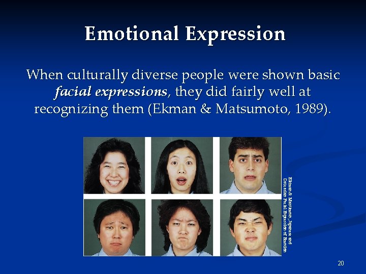 Emotional Expression When culturally diverse people were shown basic facial expressions, they did fairly