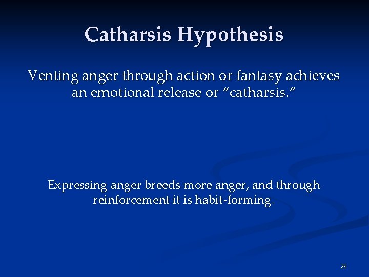 Catharsis Hypothesis Venting anger through action or fantasy achieves an emotional release or “catharsis.