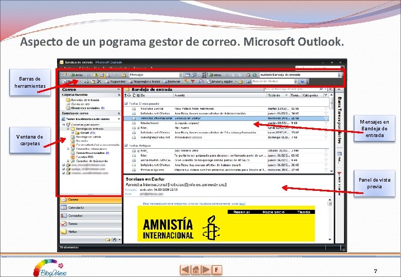 Aspecto de un pograma gestor de correo. Microsoft Outlook. Barras de herramientas Mensajes en