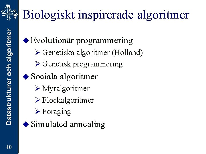 Datastrukturer och algoritmer Biologiskt inspirerade algoritmer 40 u Evolutionär programmering Ø Genetiska algoritmer (Holland)