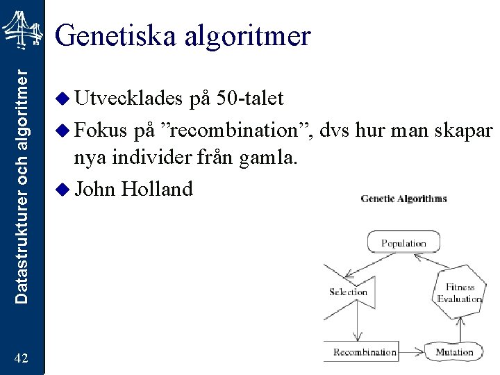 Datastrukturer och algoritmer Genetiska algoritmer 42 u Utvecklades på 50 -talet u Fokus på