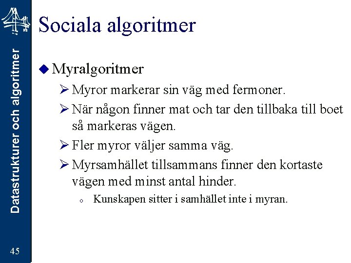 Datastrukturer och algoritmer Sociala algoritmer 45 u Myralgoritmer Ø Myror markerar sin väg med