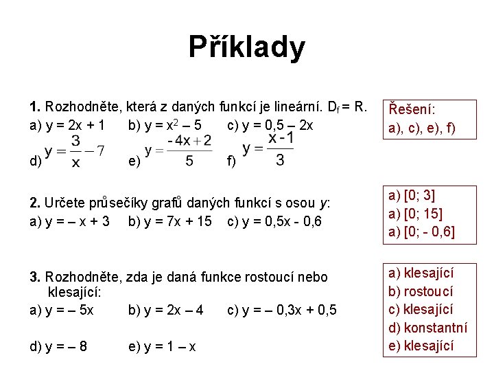 Příklady 1. Rozhodněte, která z daných funkcí je lineární. Df = R. a) y