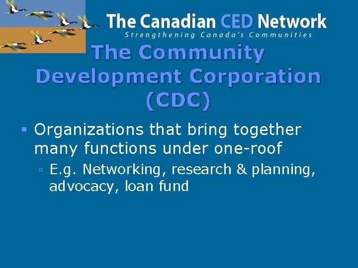 The Community Development Corporation (CDC) § Organizations that bring together many functions under one-roof