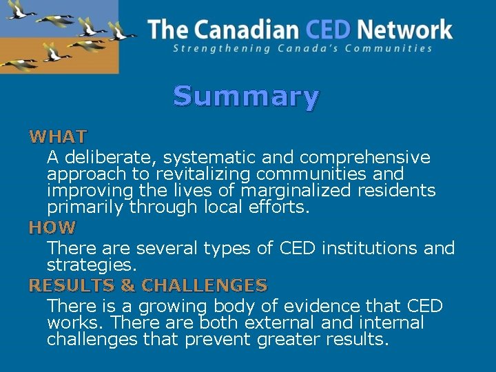 Summary WHAT A deliberate, systematic and comprehensive approach to revitalizing communities and improving the