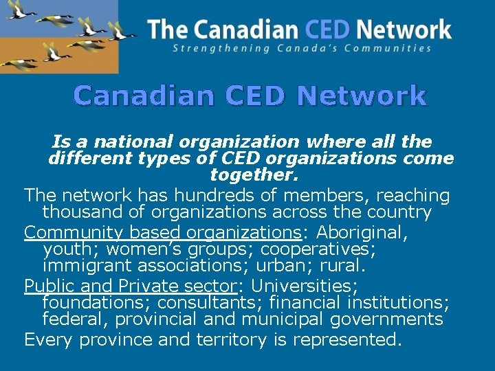 Canadian CED Network Is a national organization where all the different types of CED