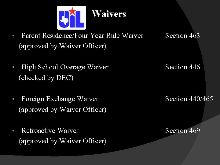 Waivers • Parent Residence/Four Year Rule Waiver (approved by Waiver Officer) Section 463 •
