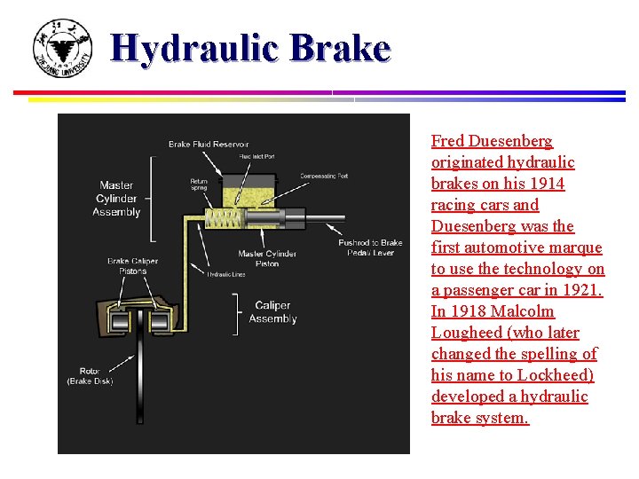 Hydraulic Brake Fred Duesenberg originated hydraulic brakes on his 1914 racing cars and Duesenberg