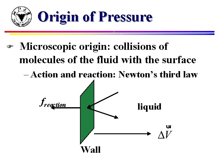 Origin of Pressure F Microscopic origin: collisions of molecules of the fluid with the