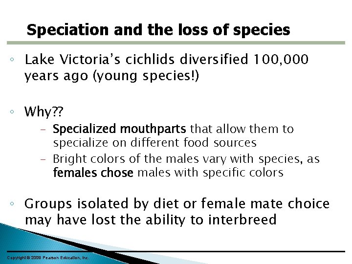 Speciation and the loss of species ◦ Lake Victoria’s cichlids diversified 100, 000 years