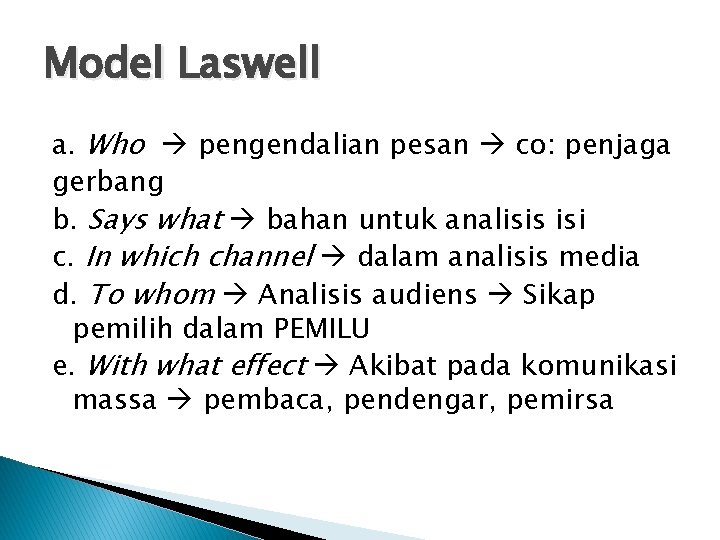 Model Laswell a. Who pengendalian pesan co: penjaga gerbang b. Says what bahan untuk