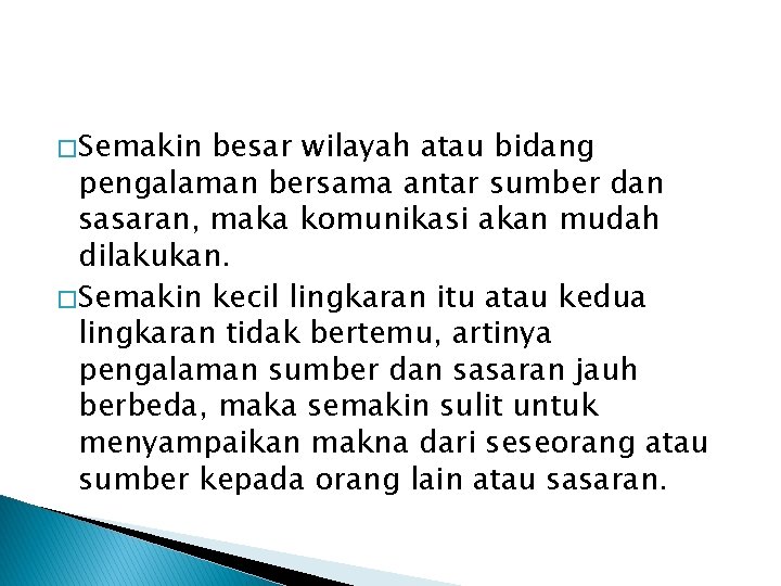 � Semakin besar wilayah atau bidang pengalaman bersama antar sumber dan sasaran, maka komunikasi