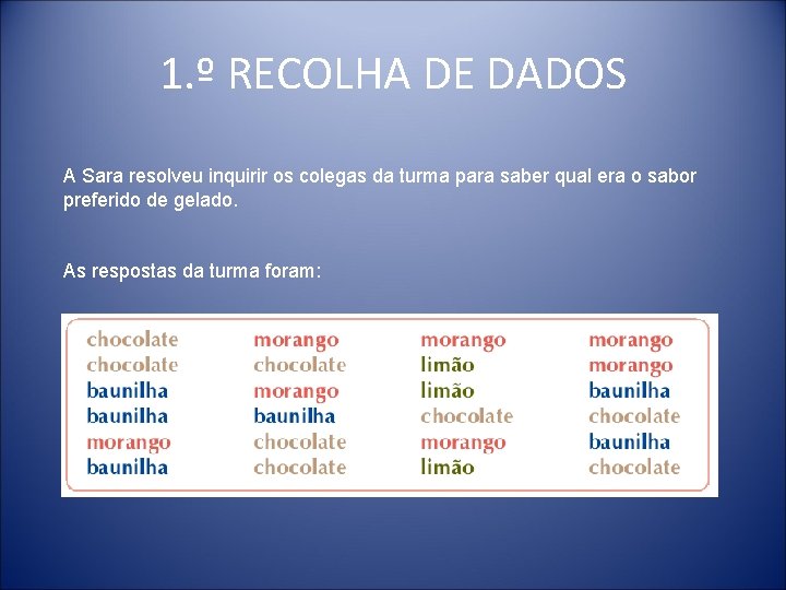 1. º RECOLHA DE DADOS A Sara resolveu inquirir os colegas da turma para