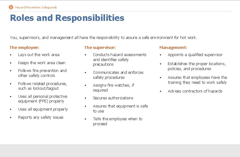 2 Hazard Prevention Safeguards Roles and Responsibilities You, supervisors, and management all have the