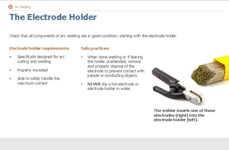 4 Arc Welding The Electrode Holder Check that all components of arc welding are