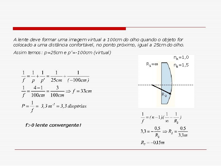 A lente deve formar uma imagem virtual a 100 cm do olho quando o