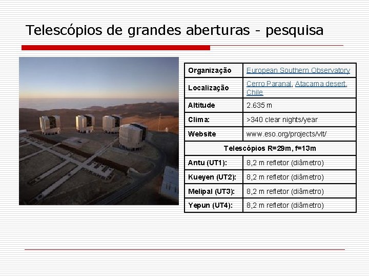 Telescópios de grandes aberturas - pesquisa Organização European Southern Observatory Localização Cerro Paranal, Atacama