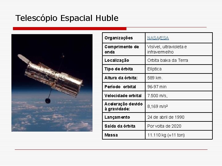 Telescópio Espacial Huble Organizações NASA/ESA Comprimento de onda Visível, ultravioleta e infravermelho Localização Orbita