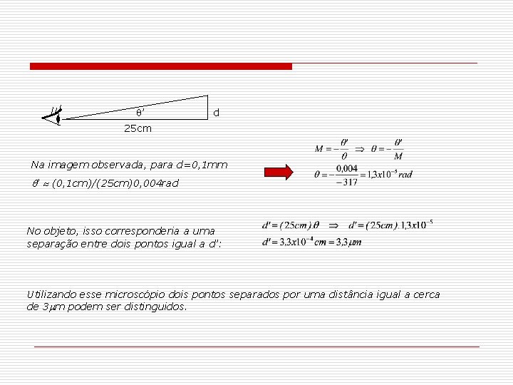  ’ d 25 cm Na imagem observada, para d=0, 1 mm ’ (0,