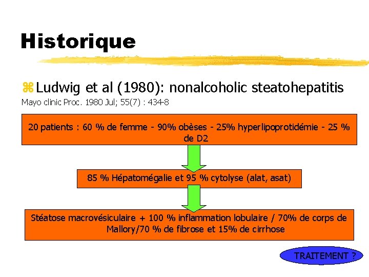 Historique z Ludwig et al (1980): nonalcoholic steatohepatitis Mayo clinic Proc. 1980 Jul; 55(7)