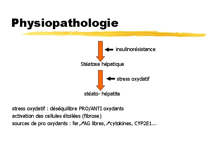 Physiopathologie insulinorésistance Stéatose hépatique stress oxydatif stéato- hépatite stress oxydatif : déséquilibre PRO/ANTI oxydants