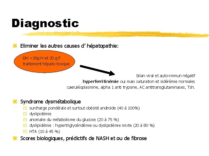 Diagnostic z Eliminer les autres causes d’ hépatopathie: OH <30 g H et 20